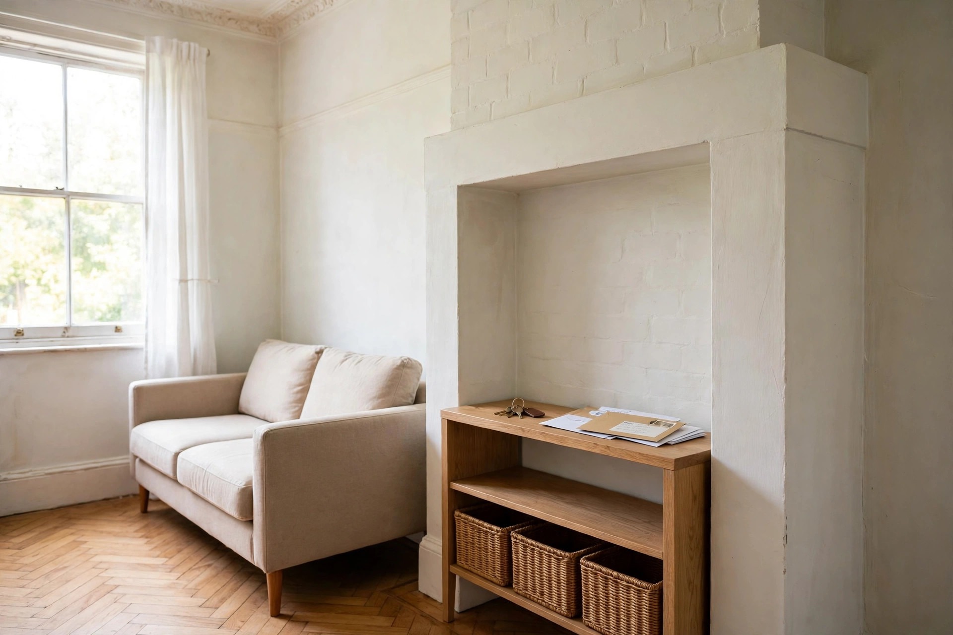 Slim wooden console with baskets fitted into a shallow alcove beside a beige sofa