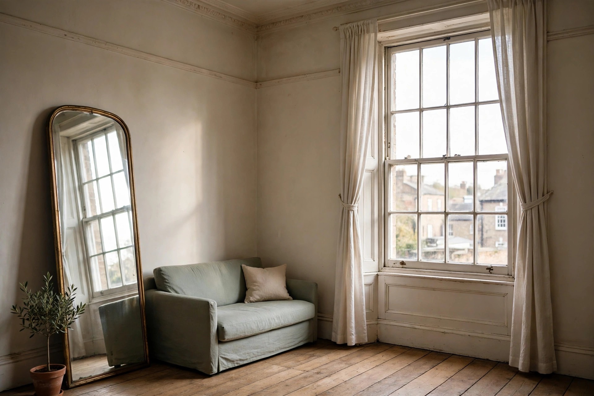 Tall leaning mirror reflecting a sash window beside a green sofa and a small potted tree