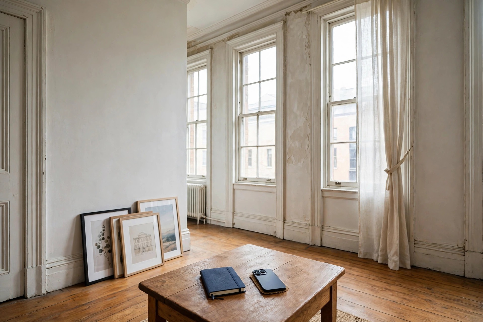 Framed prints leaning against a wall with a notebook and phone on a wooden coffee table
