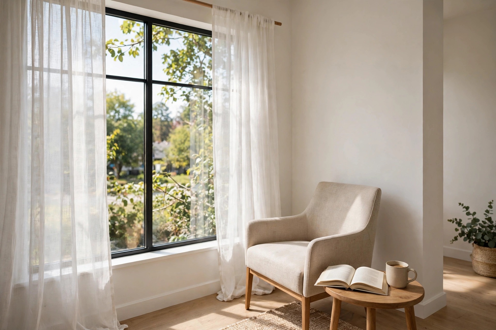 Beige armchair in a window corner with an open book and a mug on a small round wooden table