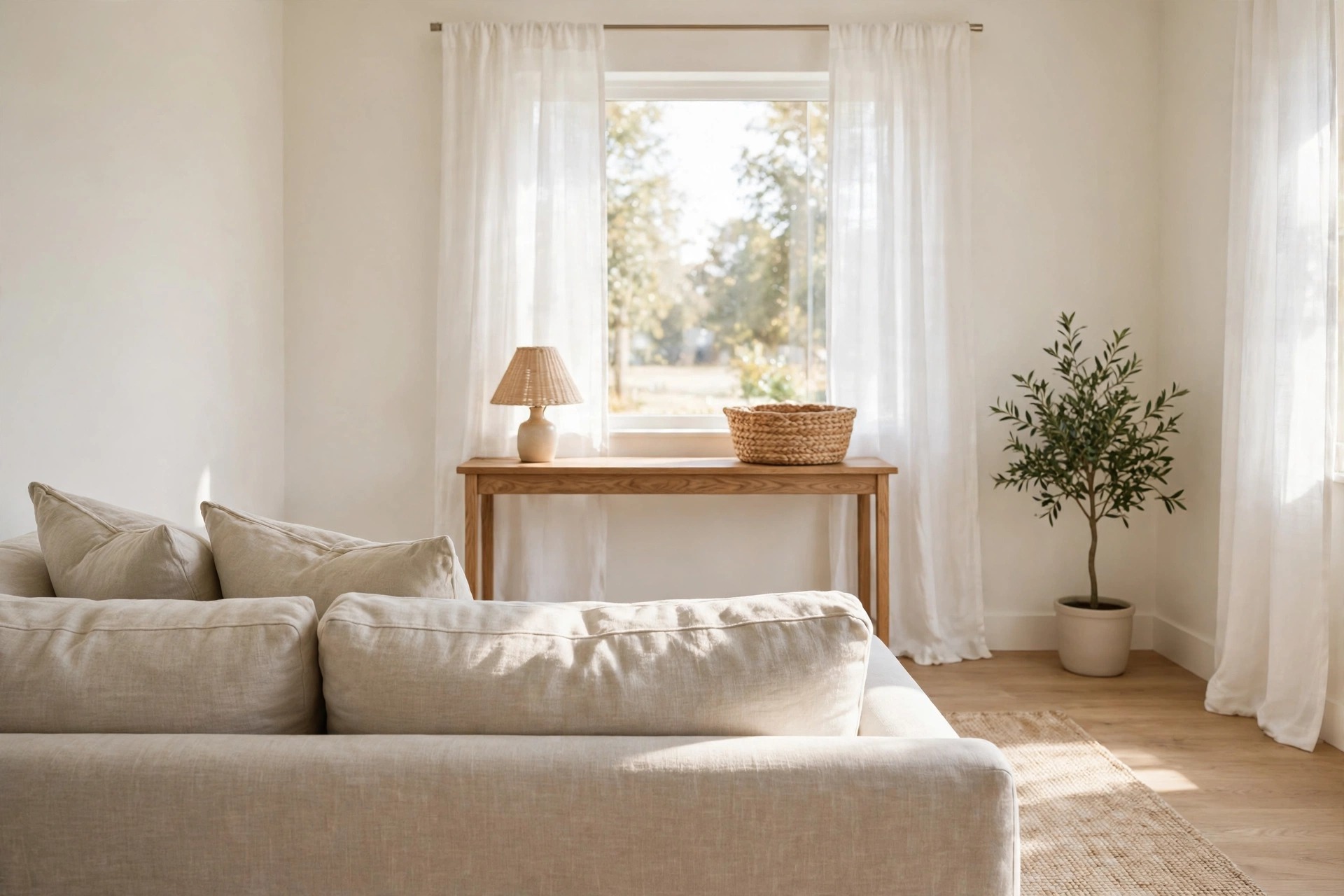 Wooden console table behind a sofa with a small lamp, a woven basket and a potted plant nearby