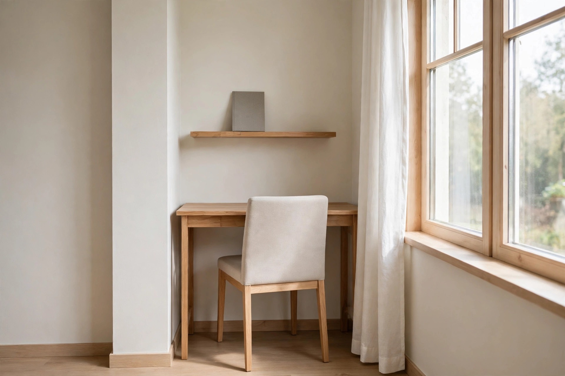 Narrow wooden desk and chair tucked into a corner by a window with a small shelf above the desk