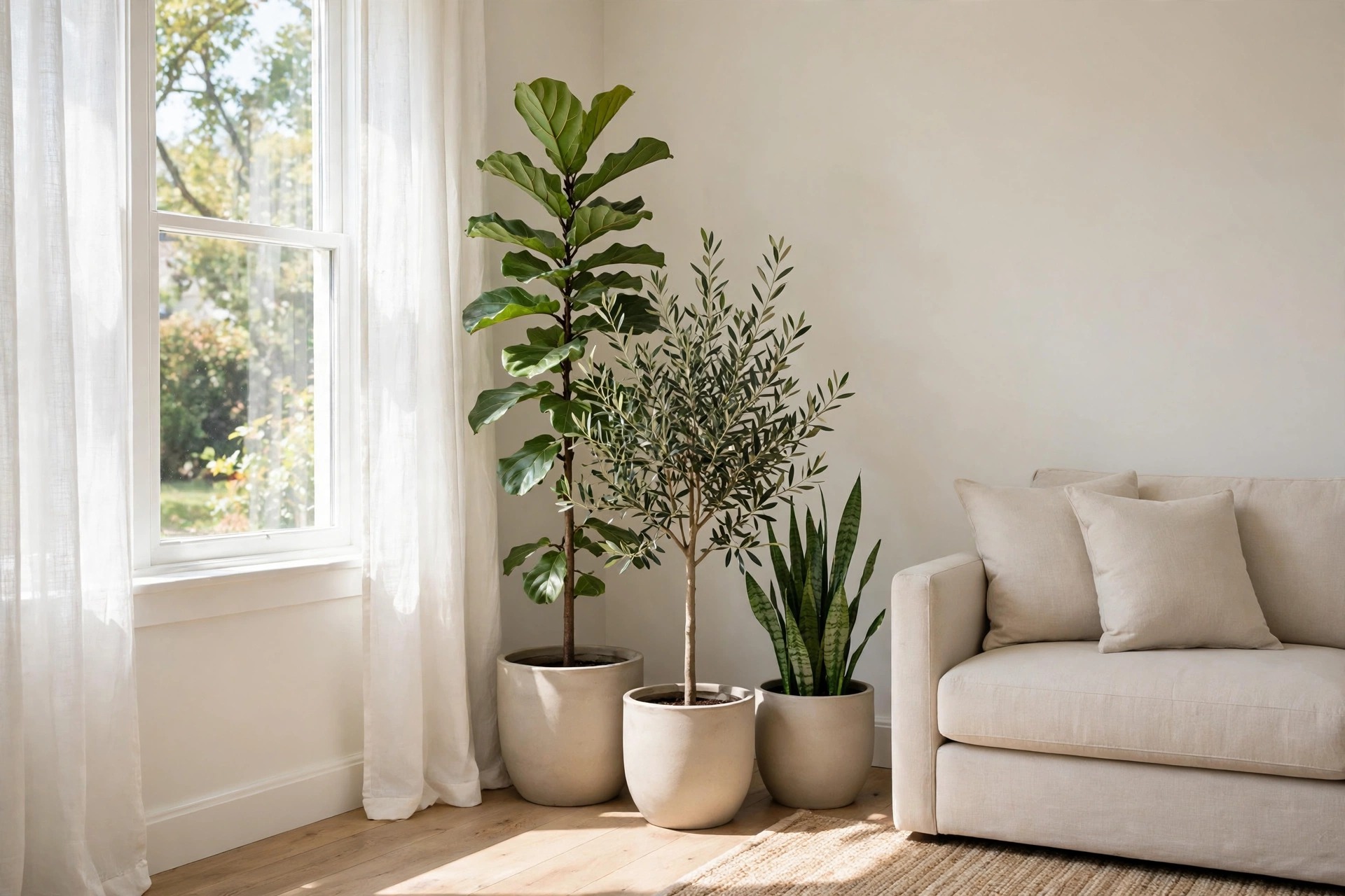 Three tall potted plants in matching light pots grouped in a window corner beside a sofa