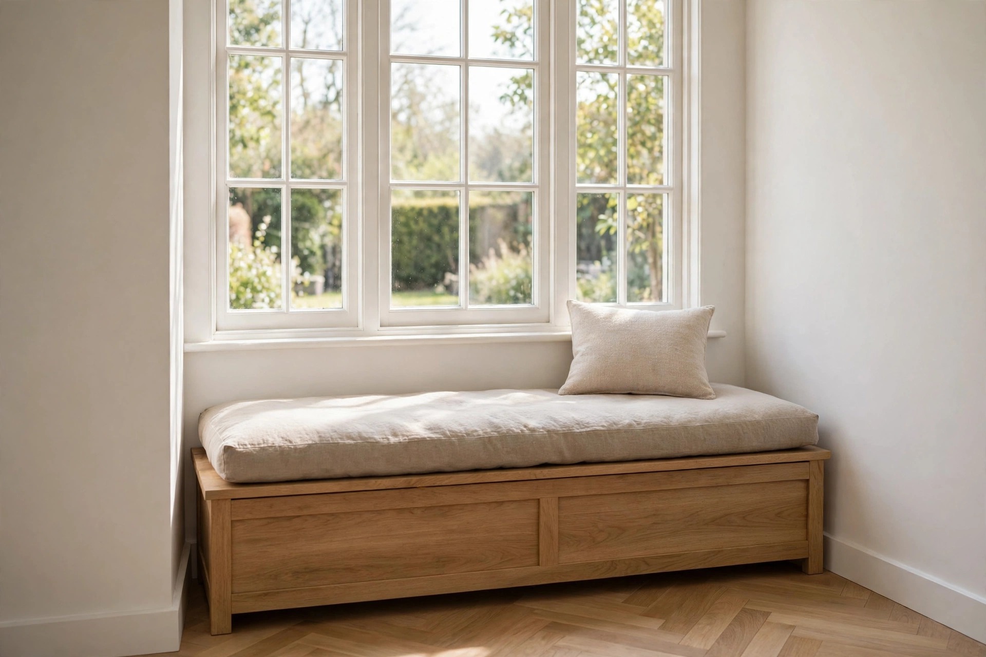 Wooden storage bench with a cushion and a pillow placed under a large window in a bright corner