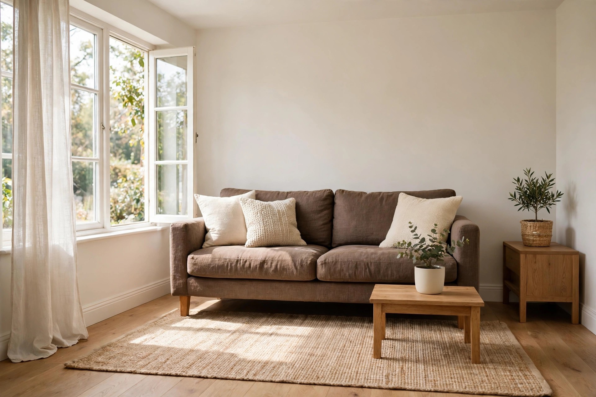 Brown sofa with cream pillows, a woven rug, wood tables and plants in a bright small living room