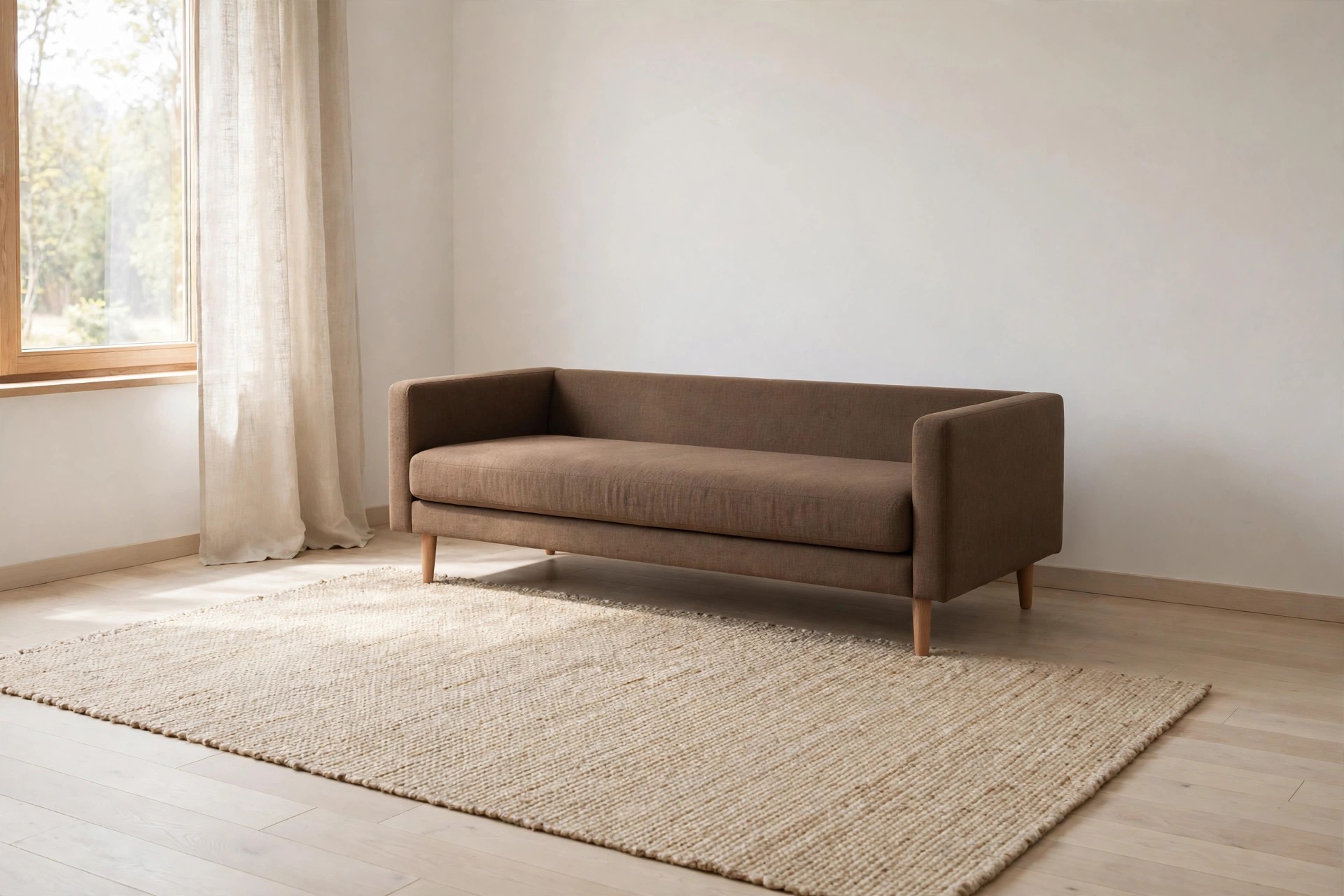 Brown sofa with no pillows against a white wall, with a light woven rug and a linen curtain by the window