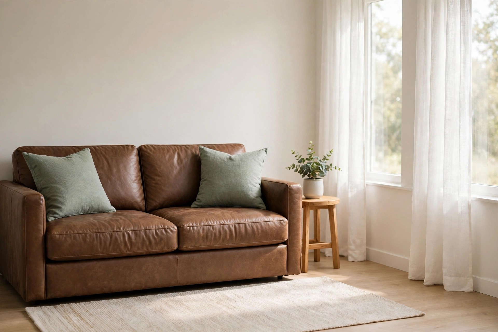 Brown leather sofa with sage green pillows and a small plant on a wood side table