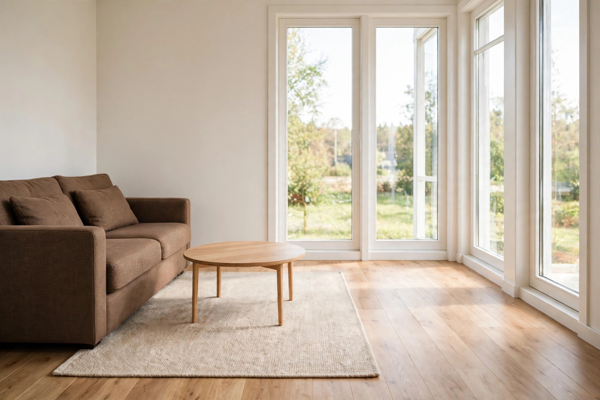 Brown sofa with a slim round wood coffee table on a light rug in a bright small living room