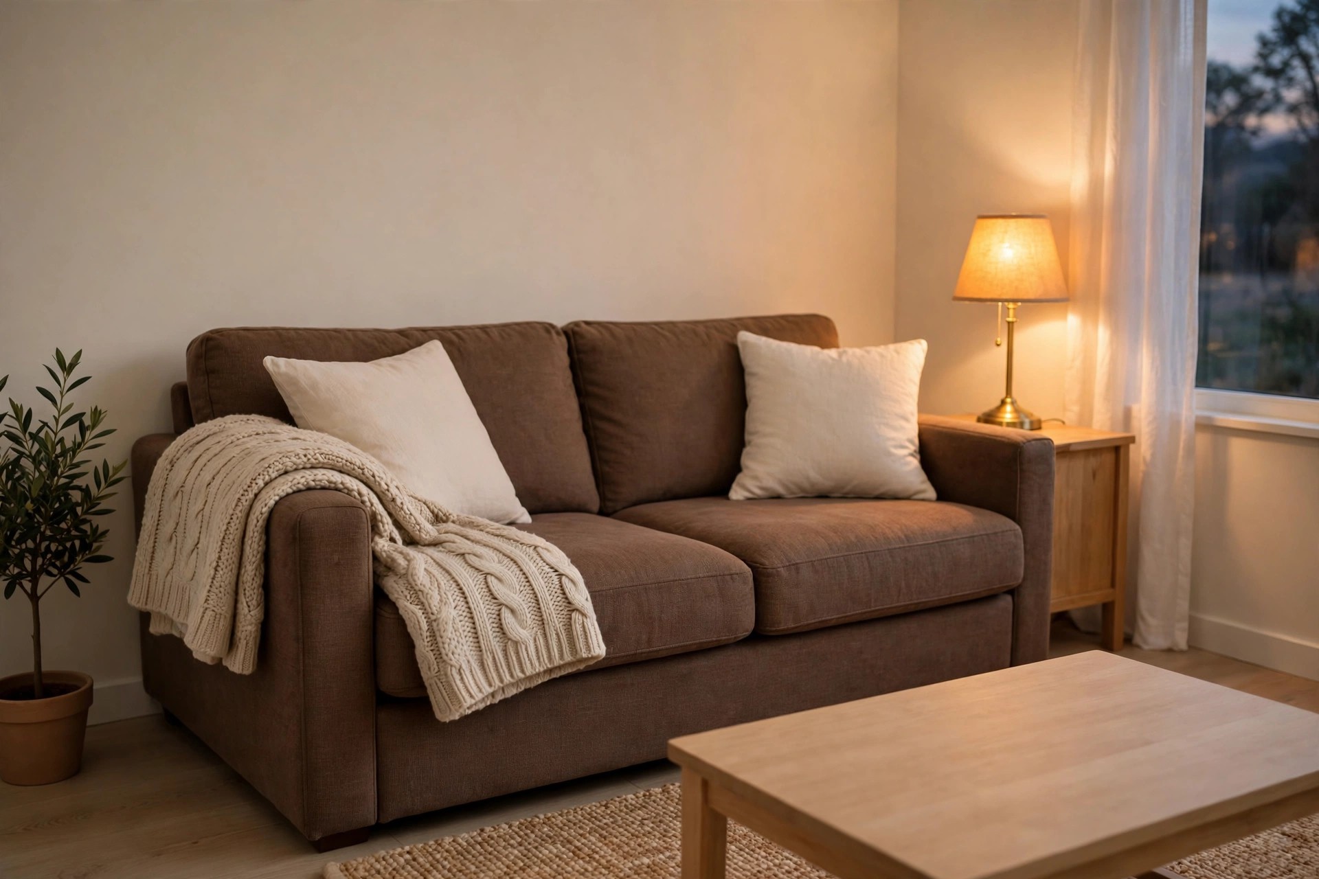 Brown sofa with a cream chunky knit throw folded over one arm and a warm brass lamp beside it