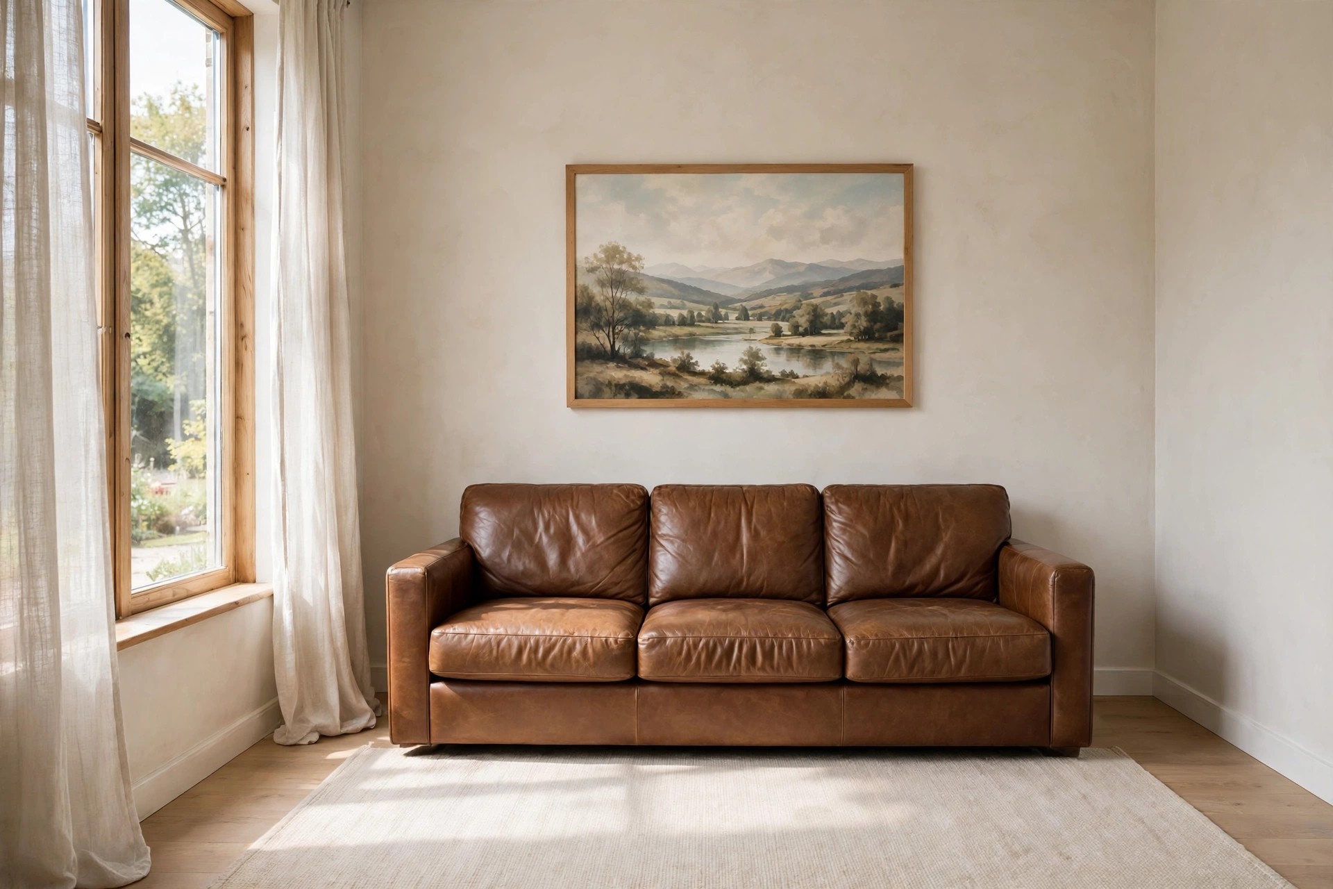 Brown leather sofa under one large framed landscape print on a pale wall