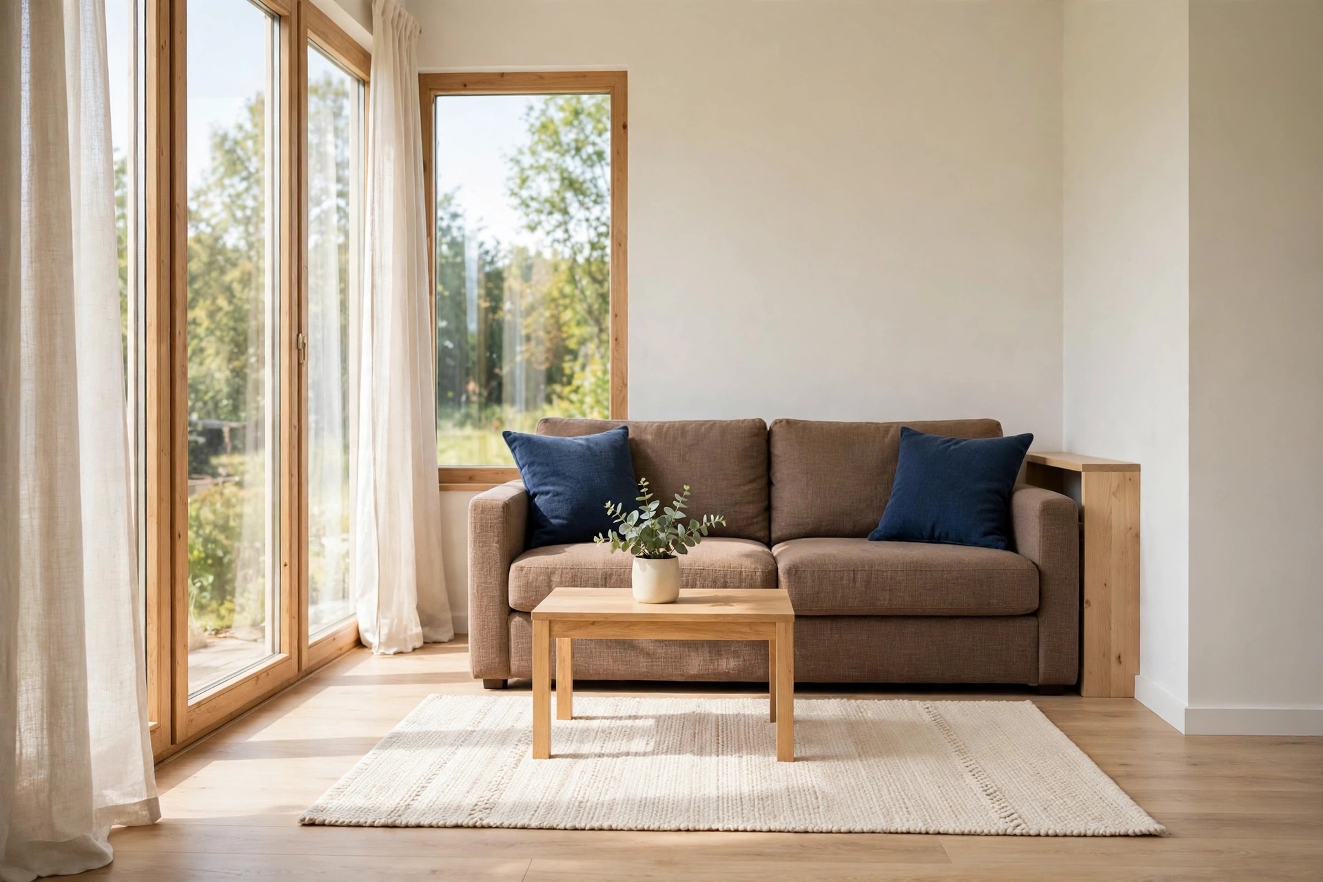 Brown sofa with two navy pillows, a light rug and a small wood coffee table with a plant