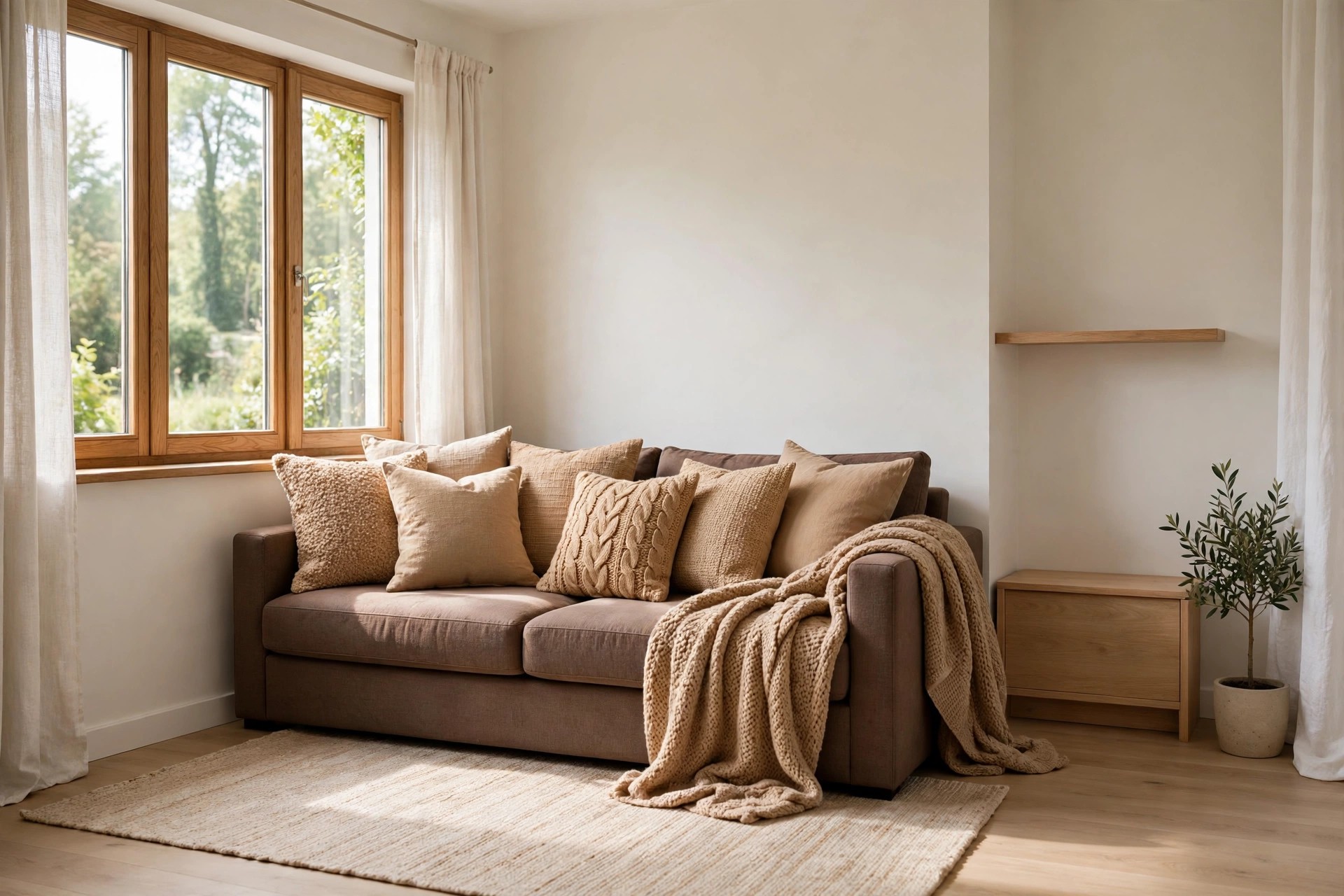 Brown sofa layered with camel and tan pillows in different textures and a tan knit throw over one arm