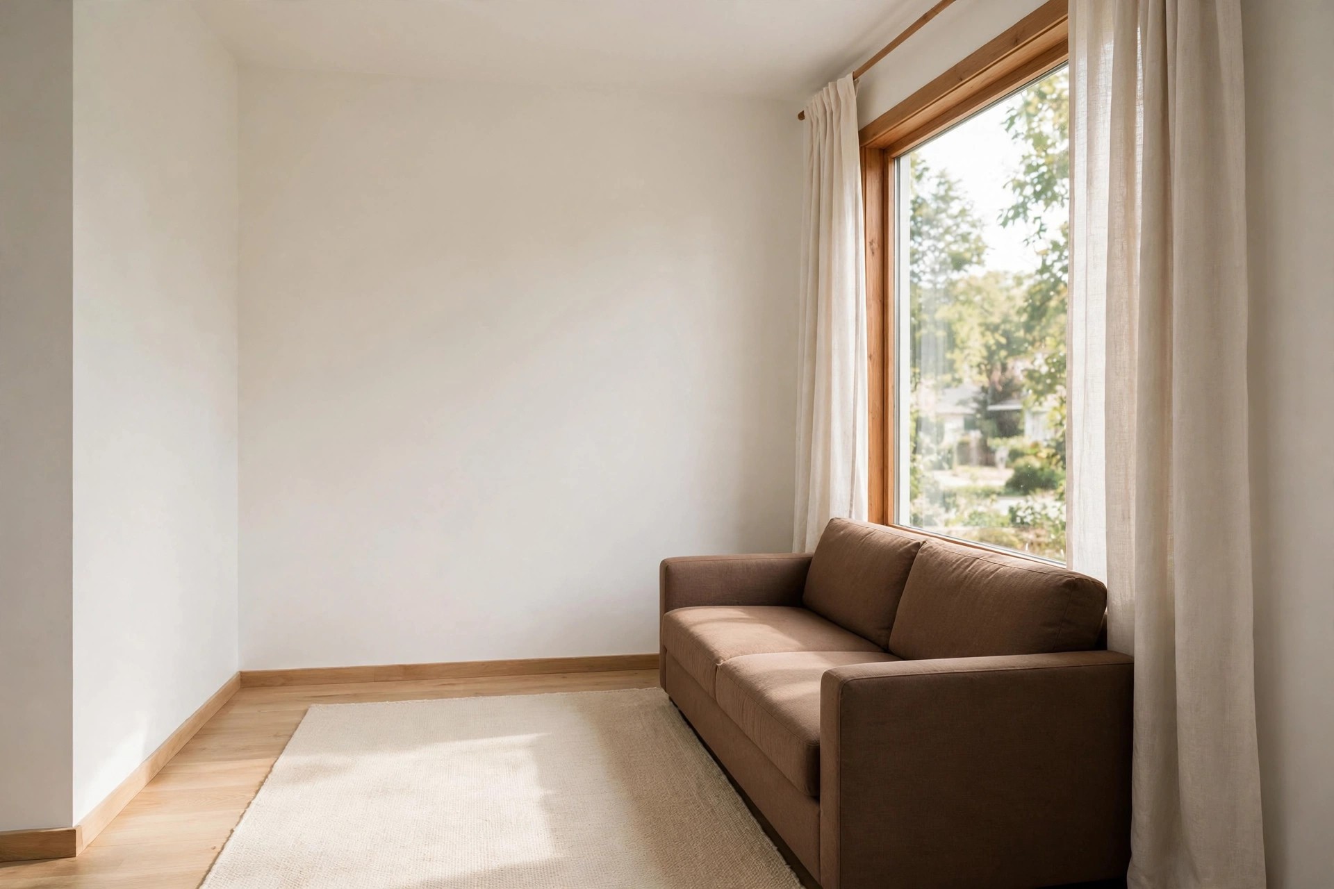 Brown sofa under a large window with light linen curtains hung high, beside a light rug