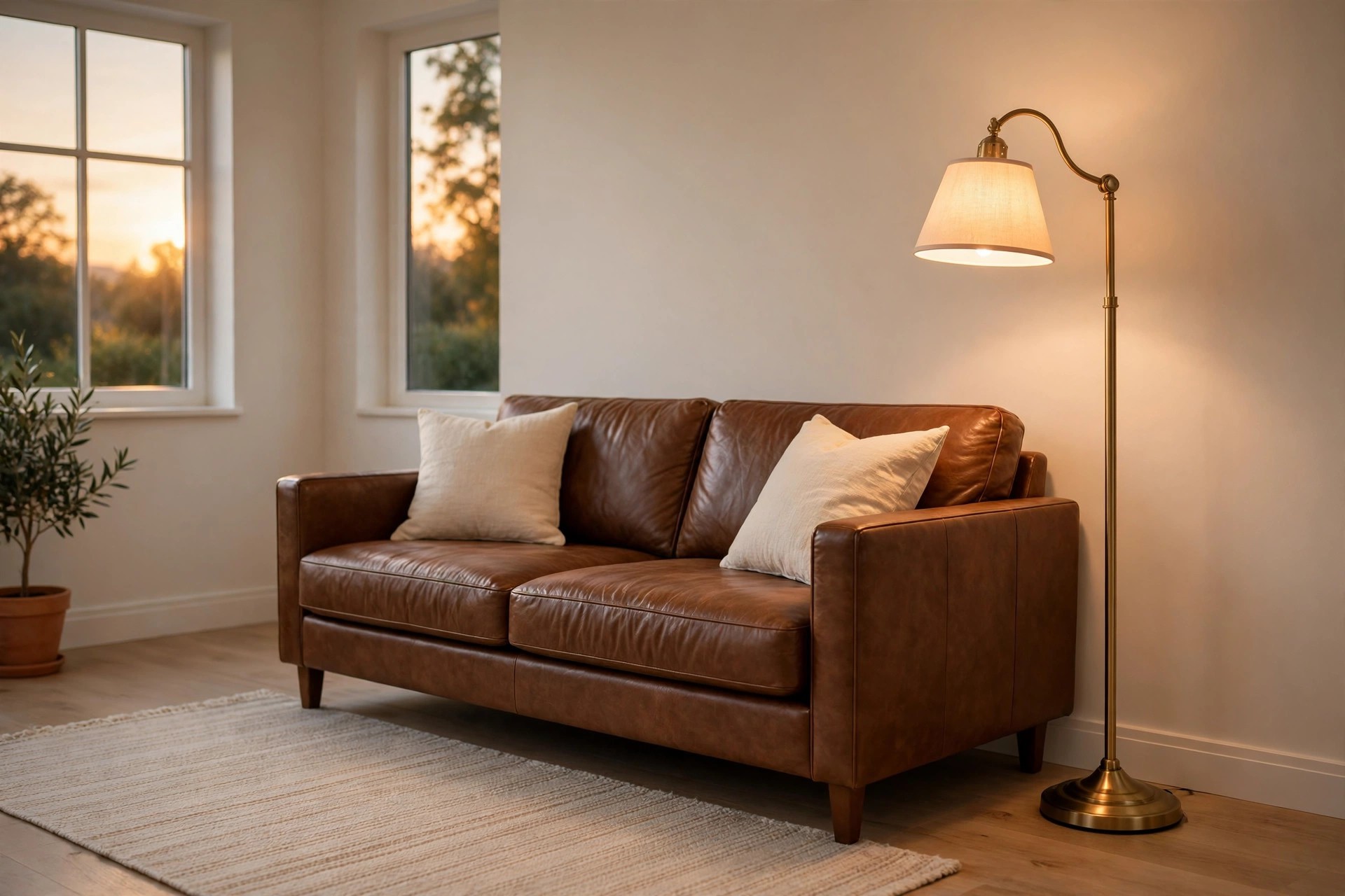 Brown leather sofa with cream pillows and a tall brass floor lamp casting warm light beside it