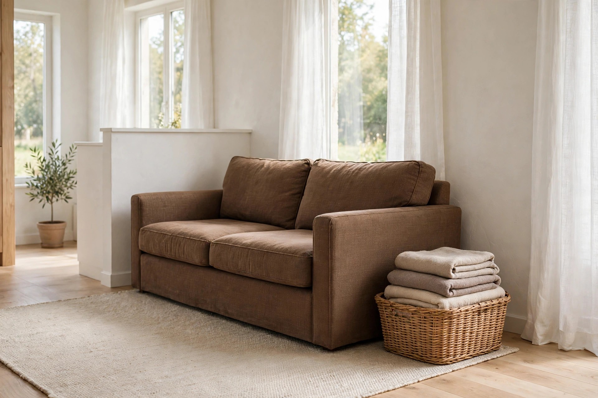 Brown sofa with a woven basket of neatly folded throws beside it in a bright small living room