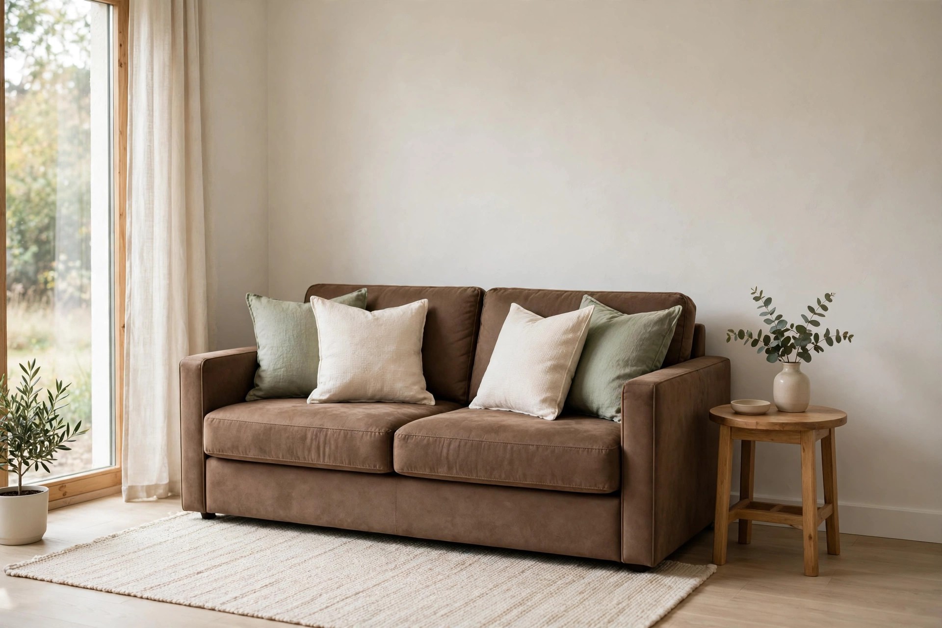 Brown sofa with sage green and cream pillows and a wood side table holding a vase with green stems