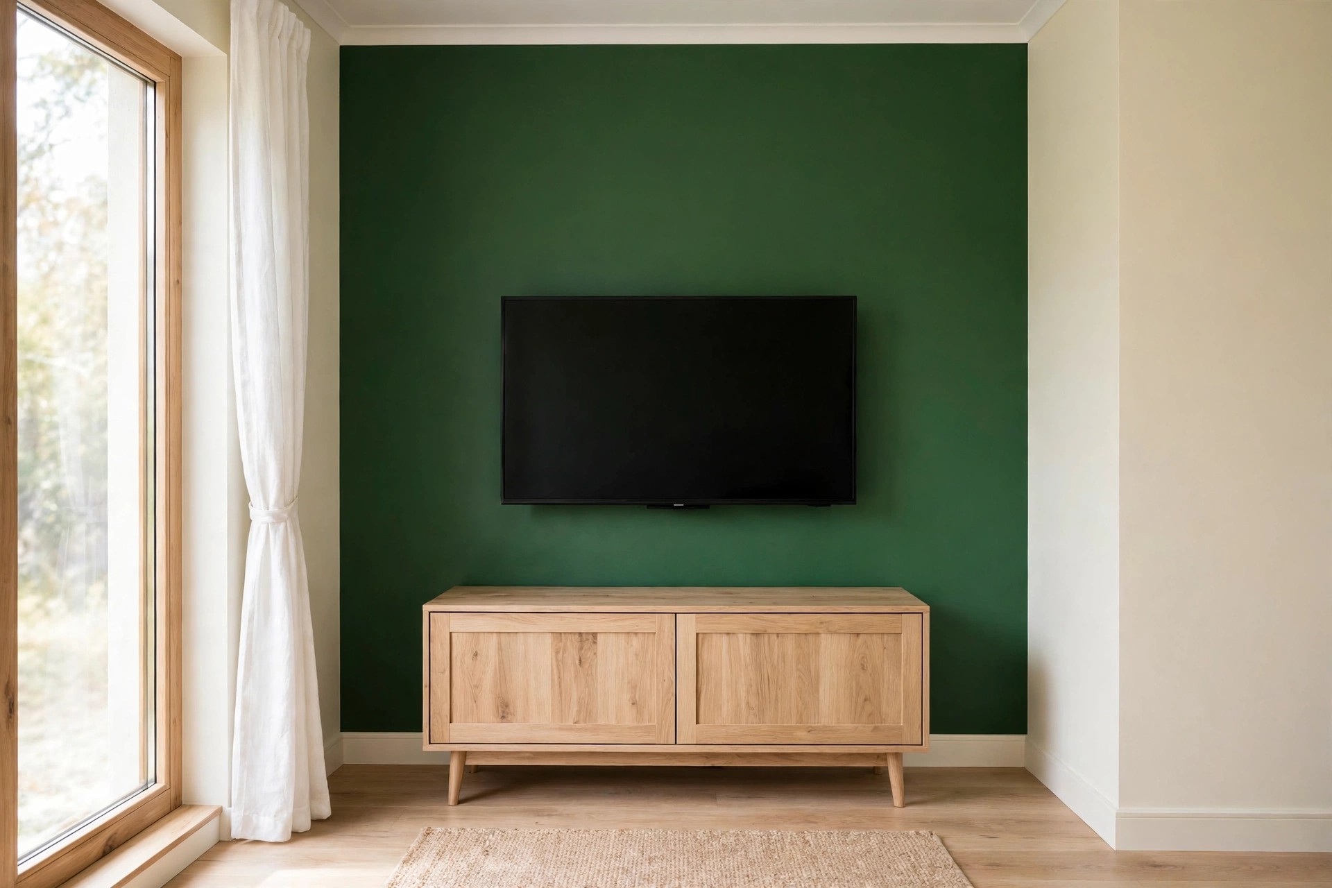 Wall-mounted television on a forest green wall above a light wood console, beside a tall window