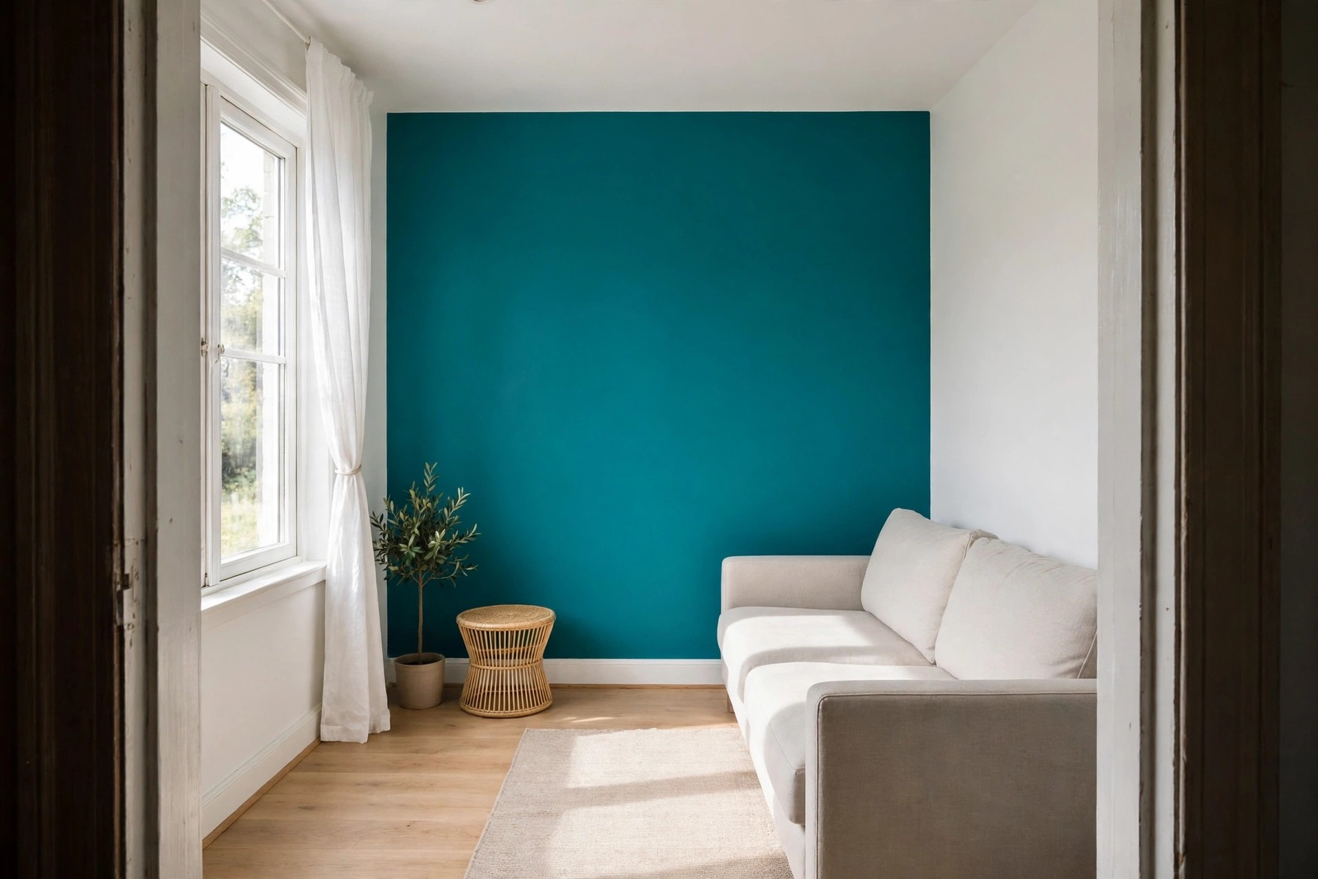 Teal wall seen from a doorway, with a cream sofa to one side, a small rattan table and a potted plant
