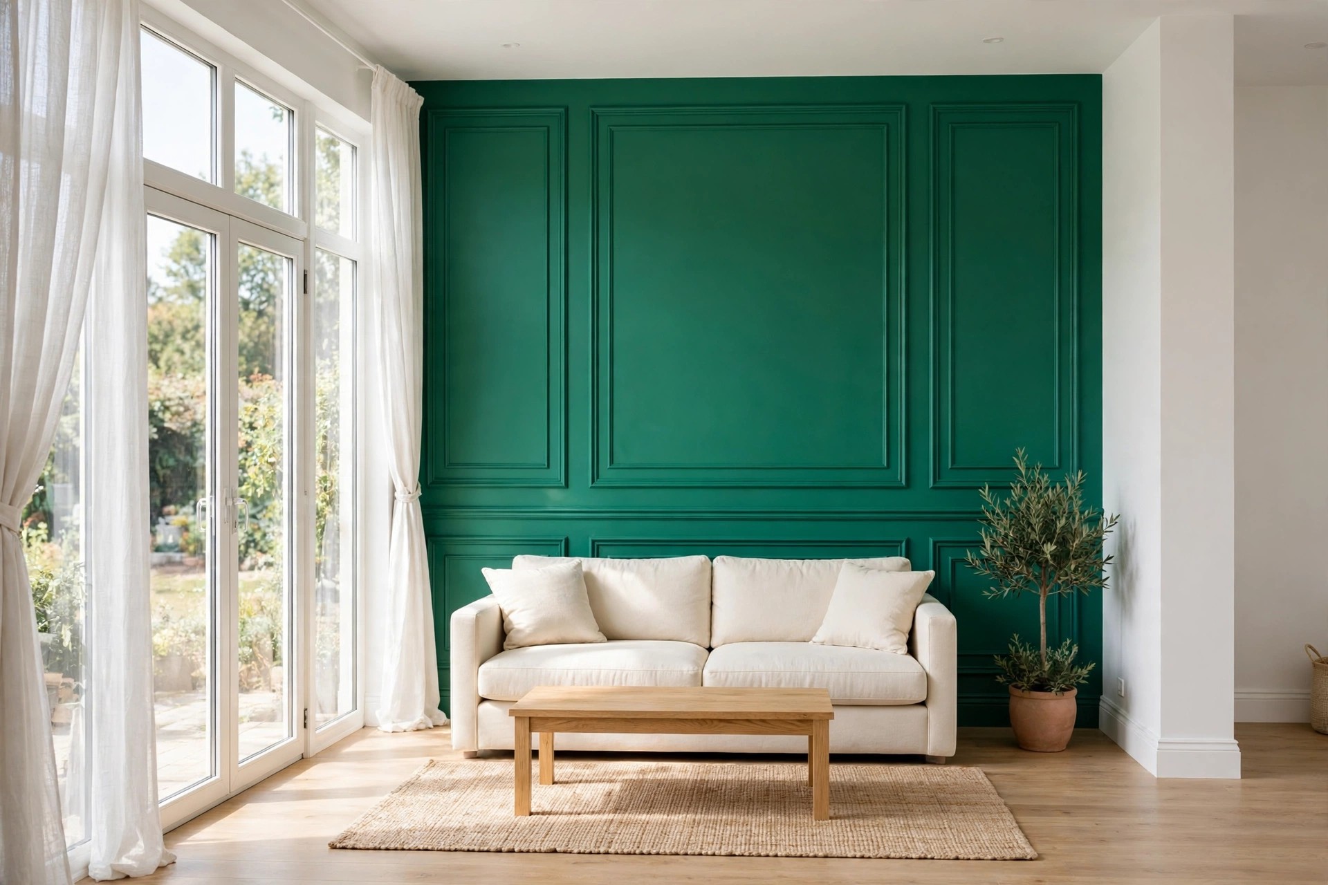 Cream sofa below an emerald green wall with painted wall panels, beside glass doors