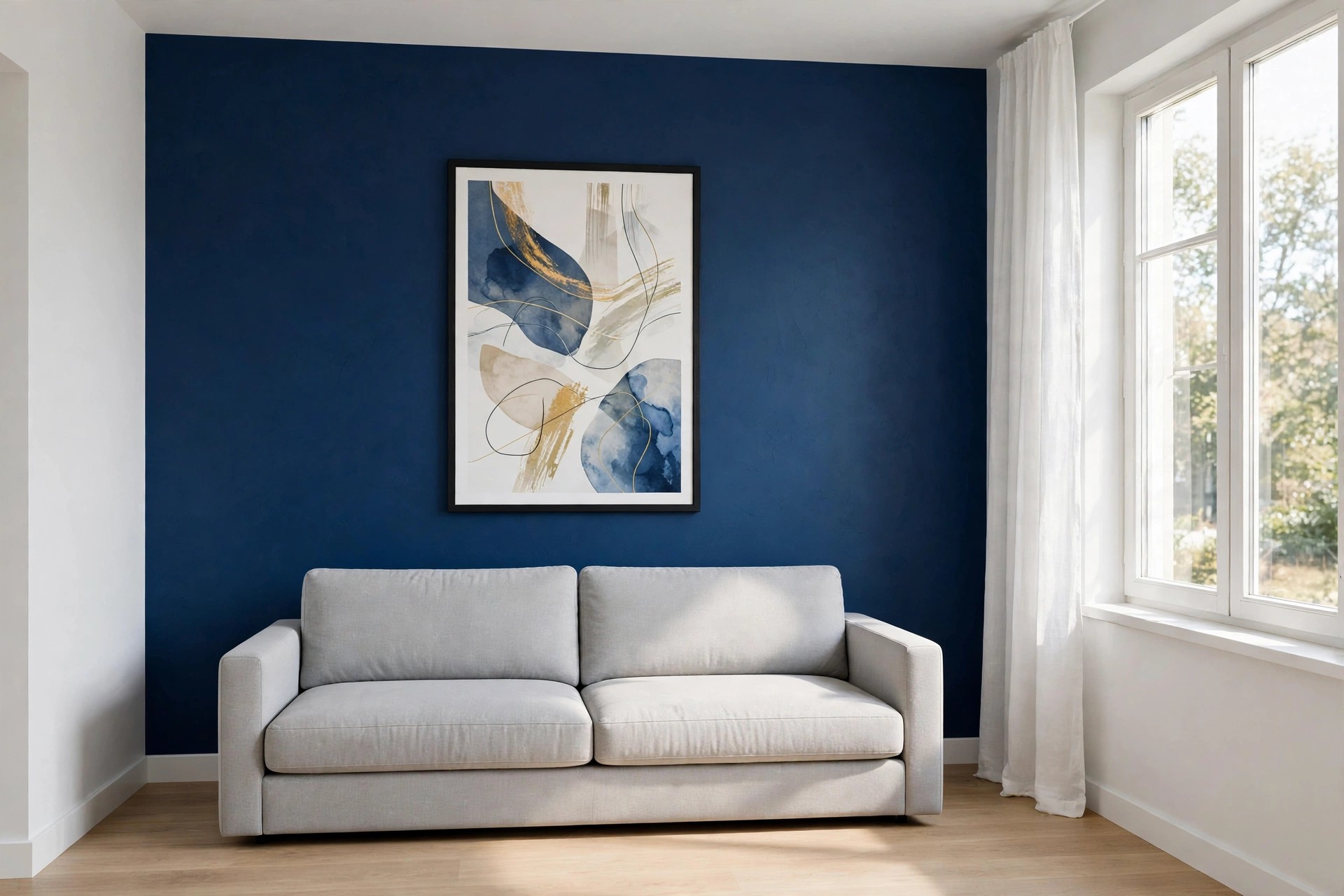 Large framed abstract print on a midnight blue wall above a light grey sofa