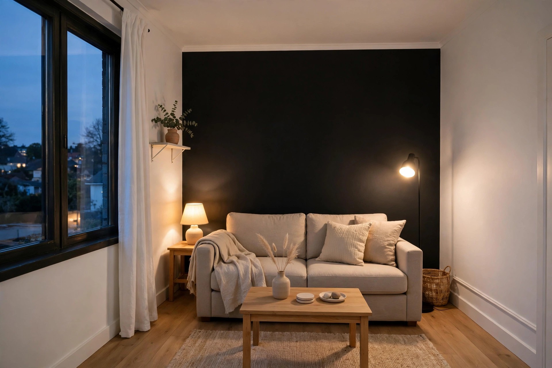 Beige sofa with warm lamps lit against a near black wall at dusk, beside a window