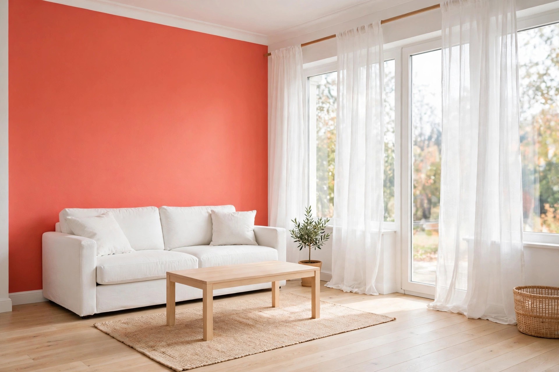 White sofa against a coral wall beside tall windows with sheer white curtains