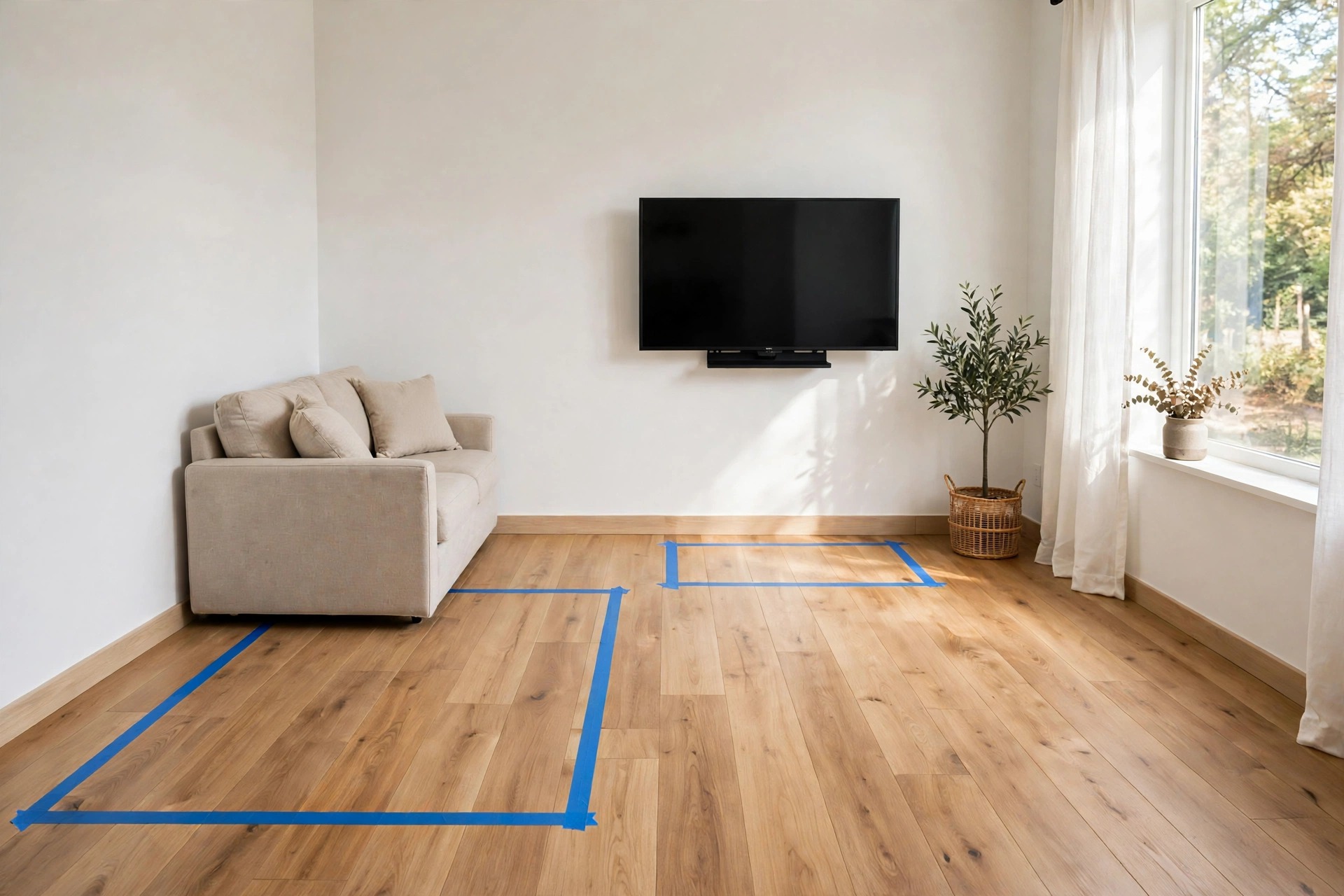Beige sofa beside blue tape outlines on a wood floor marking sofa and TV stand positions, with a wall-mounted TV