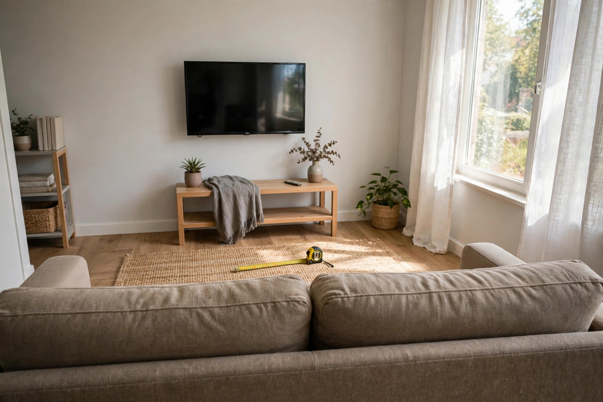 View from behind a beige sofa toward a wall-mounted TV, with a tape measure on the rug