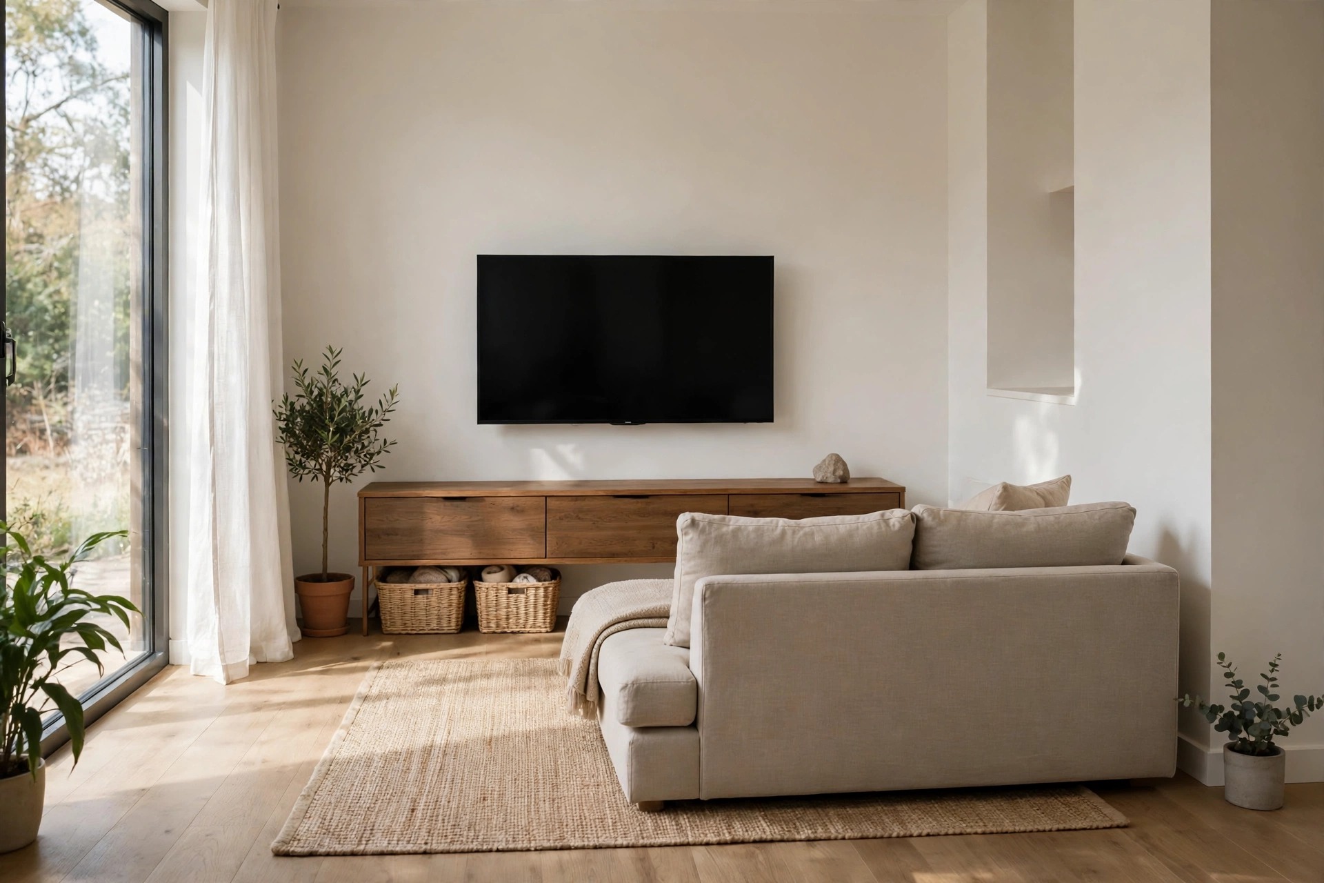 Beige sofa facing a wall-mounted TV above a long low wood console with baskets underneath