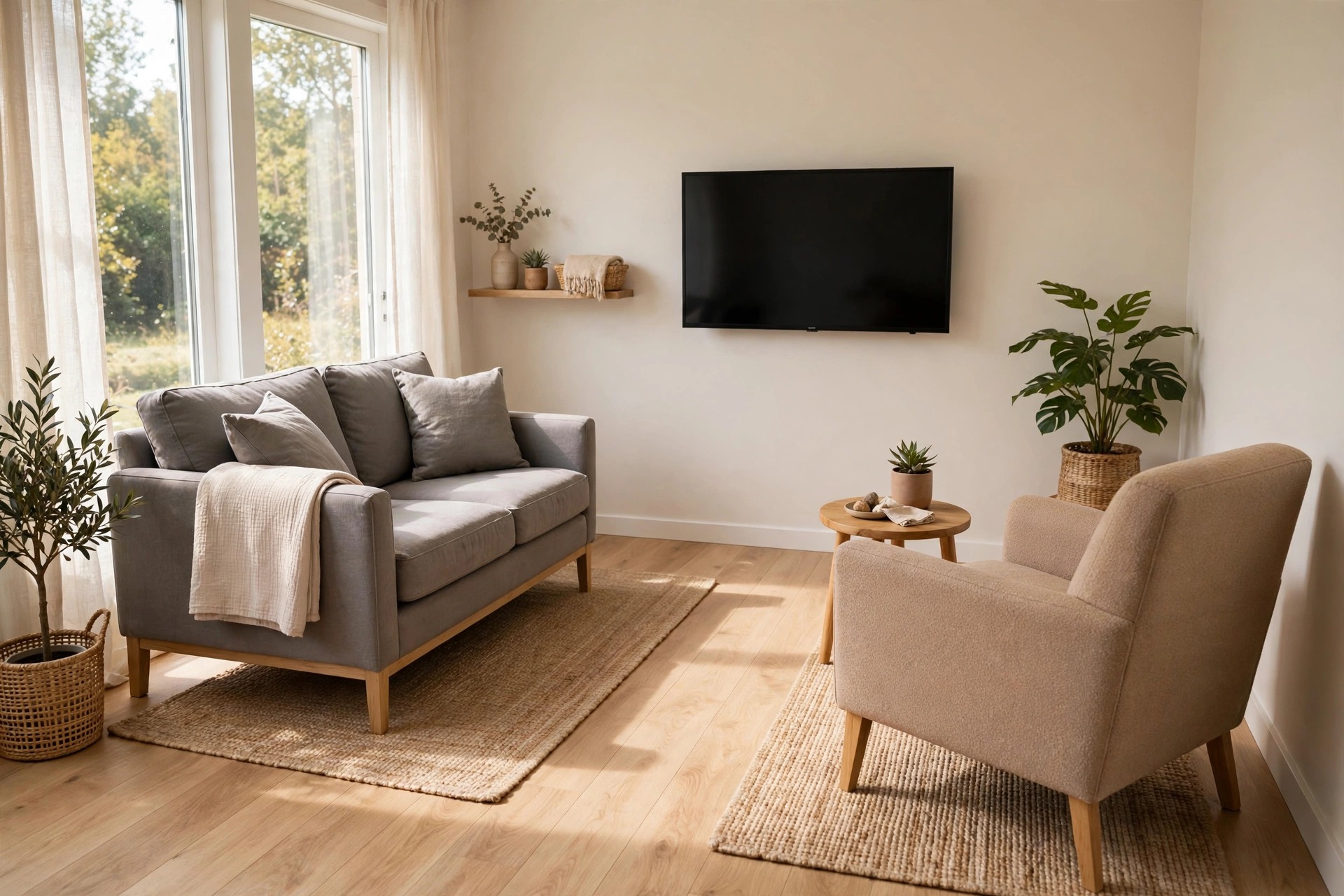 Grey loveseat and a beige armchair angled toward a wall-mounted TV in a small bright room