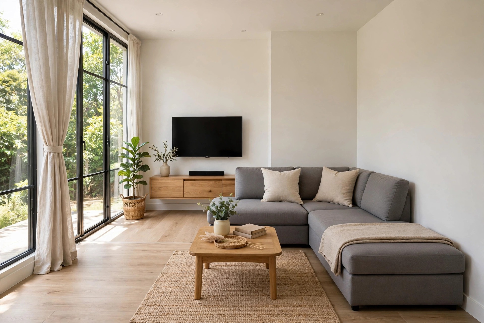 Grey chaise sectional with the chaise on the short side, facing a wall-mounted TV