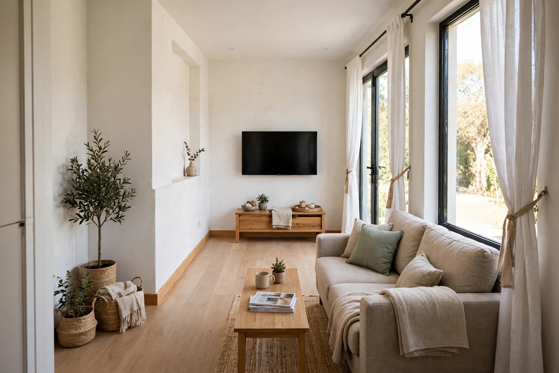 Beige sofa on the long wall of a rectangular room, facing a TV on the short end wall