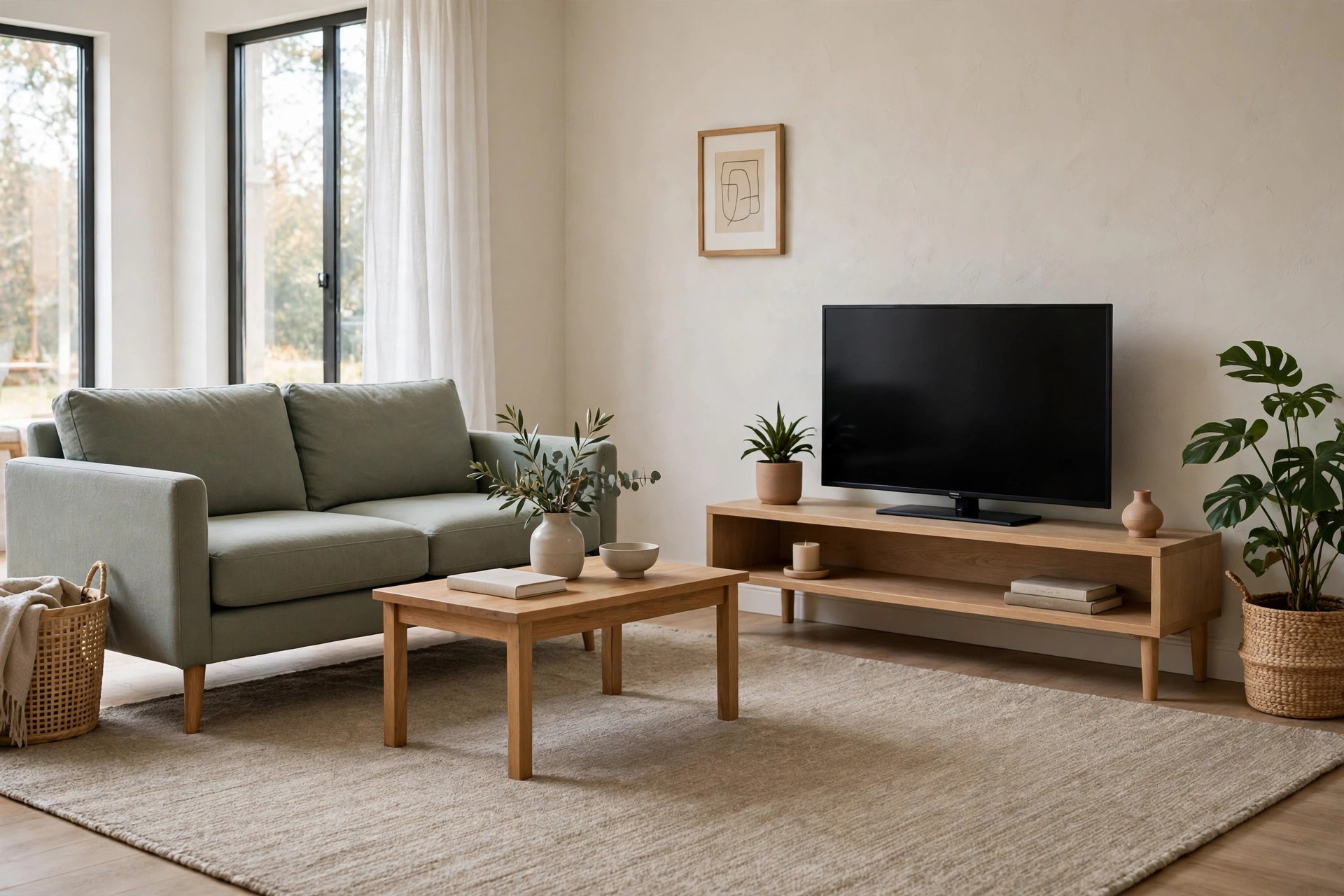 Large woven rug reaching under a green sofa and toward a TV on a low wood console