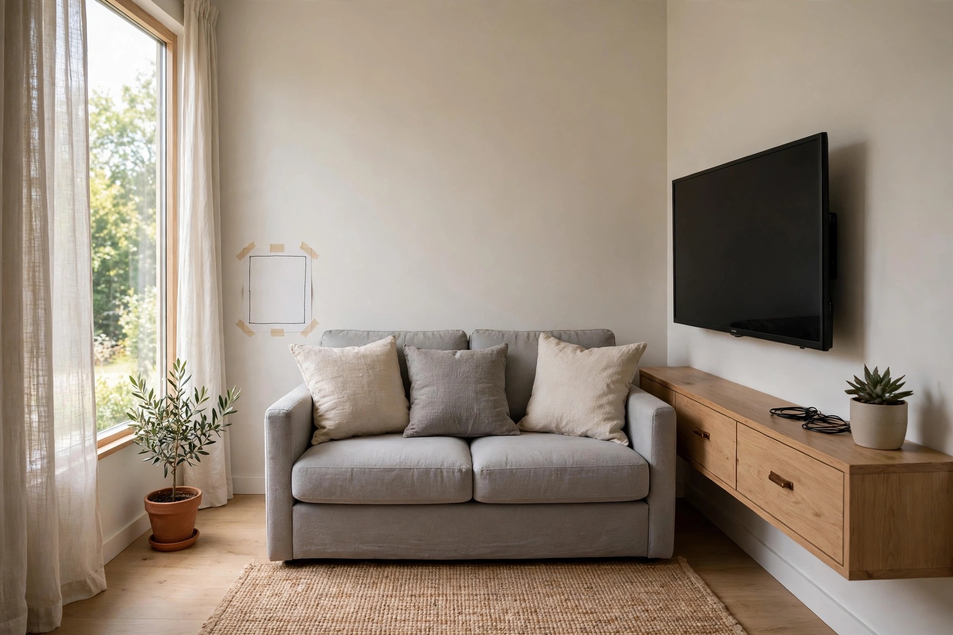 Grey loveseat facing a wall-mounted TV, with a paper outline taped on the wall behind the sofa