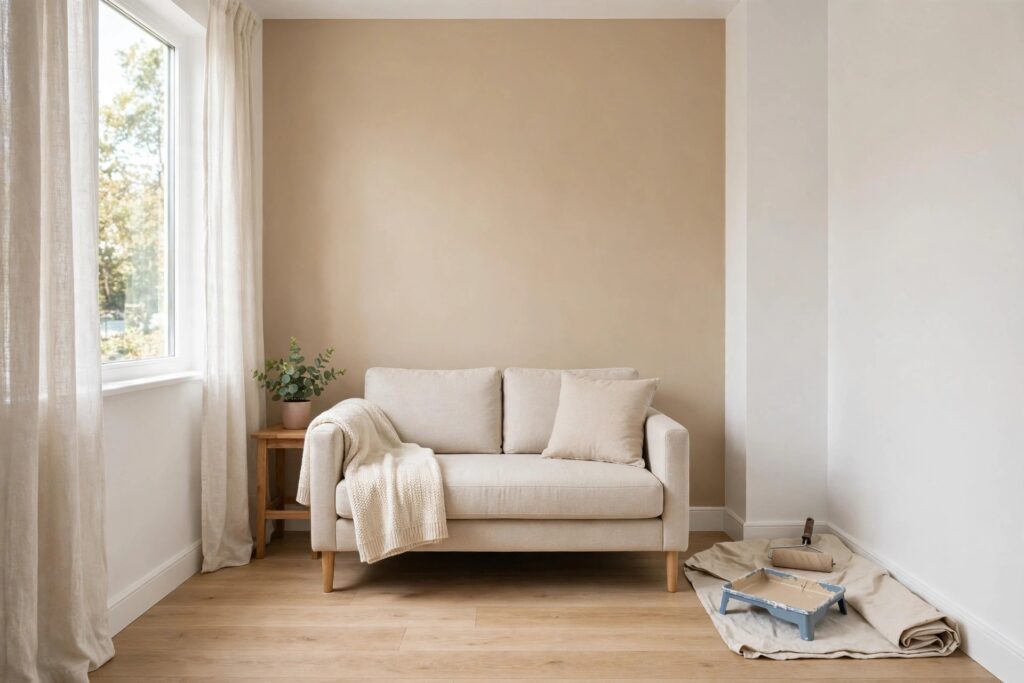Small living room with a freshly painted warm beige wall behind a light sofa, a paint roller and tray on a drop cloth nearby