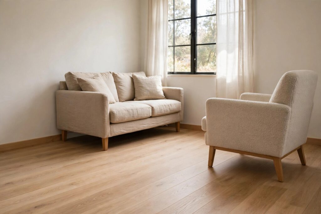 Small living room with a light sofa and a cream armchair angled toward each other over a clear wood floor