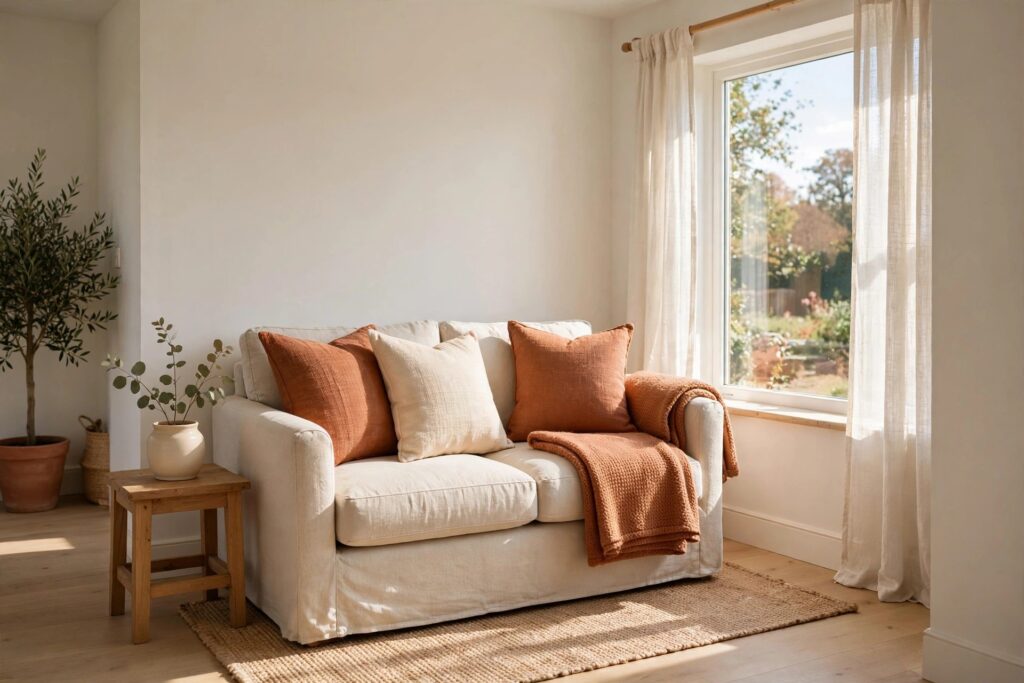 Light sofa with rust and cream pillow covers and a folded rust throw beside a window