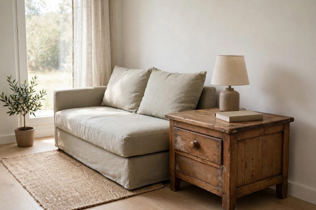 Rustic solid wood side table with drawers beside a light sofa, holding a lamp and a book