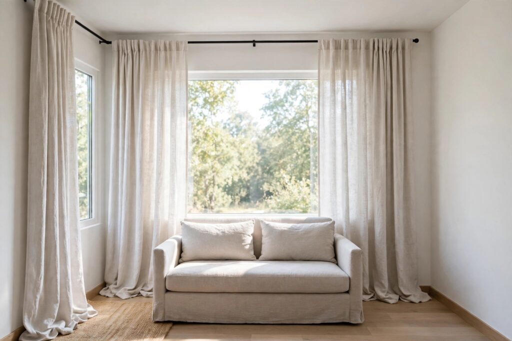 Small living room with long light linen curtains hung high and wide around a large window above a light sofa