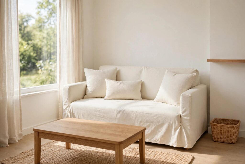 Small living room with a sofa in a smooth cream slipcover, white cushions and a wooden coffee table