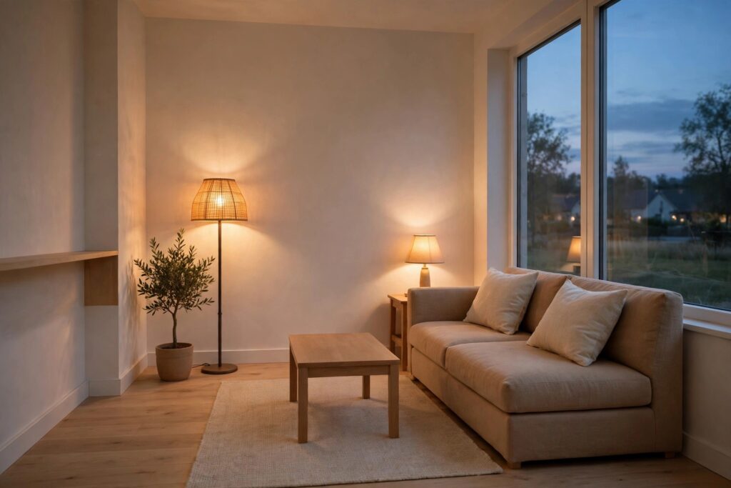 Small living room at dusk lit by a warm floor lamp and a small table lamp beside a beige sofa