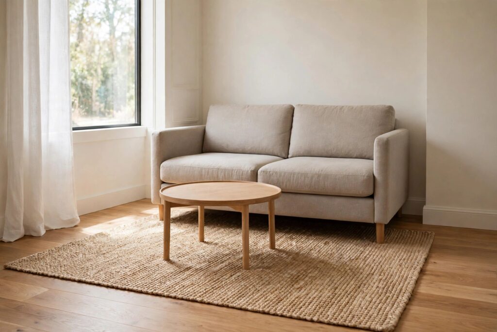 Large light woven rug under a round wooden coffee table in front of a light sofa on a wood floor