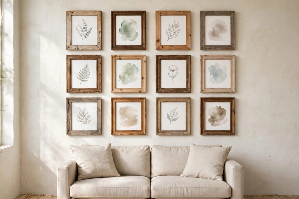 Grid of twelve framed botanical and watercolor prints in mixed wood frames above a light sofa