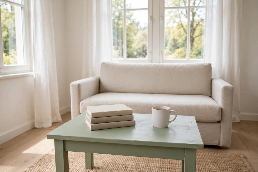 Soft sage green painted wooden coffee table with a stack of books and a white mug in front of a light sofa