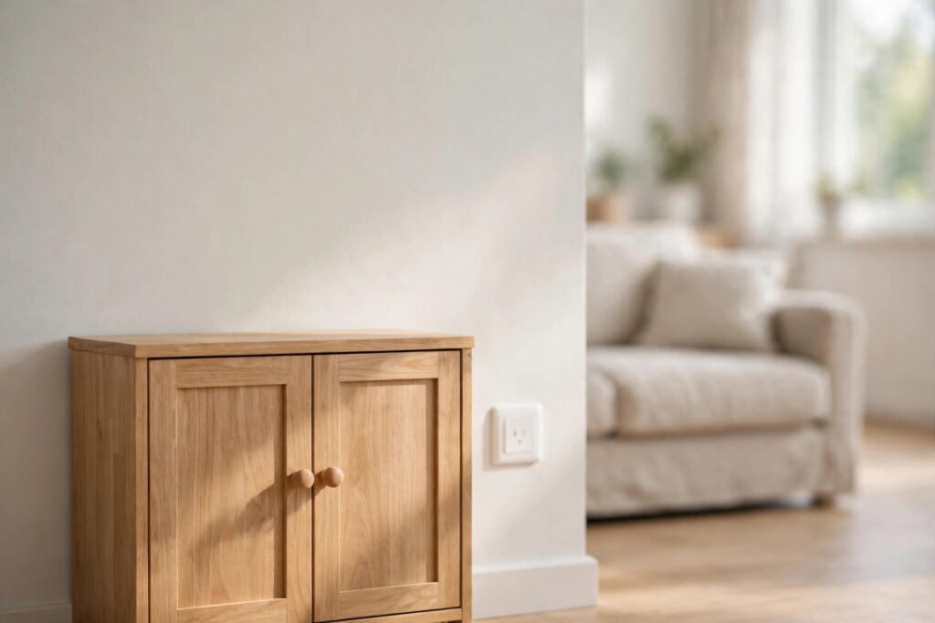 Light wood cabinet with round wooden knobs beside a clean white wall plate, a sofa blurred in the background