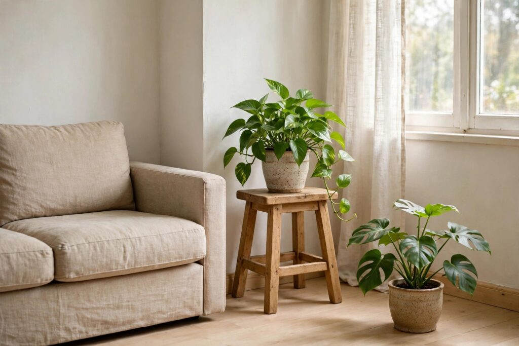 Two green potted plants in speckled ceramic pots, one on a wooden stool and one on the floor beside a beige sofa