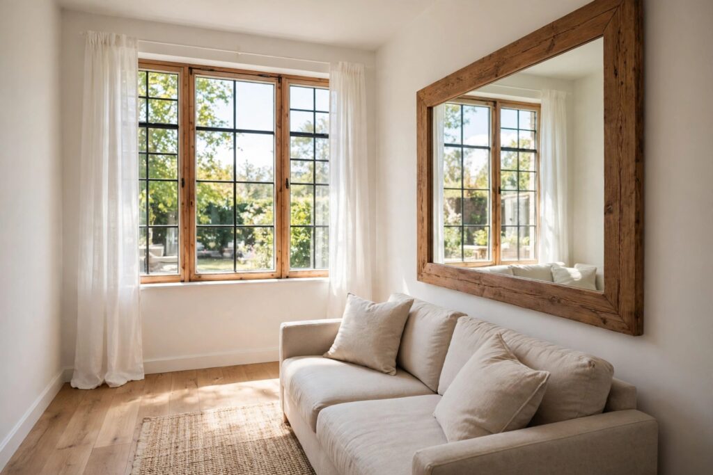 Large wood framed mirror above a light sofa reflecting a bright window with black panes