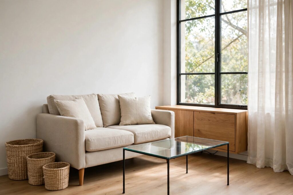 Three woven baskets beside a light sofa and a clear glass coffee table in a tidy small living room