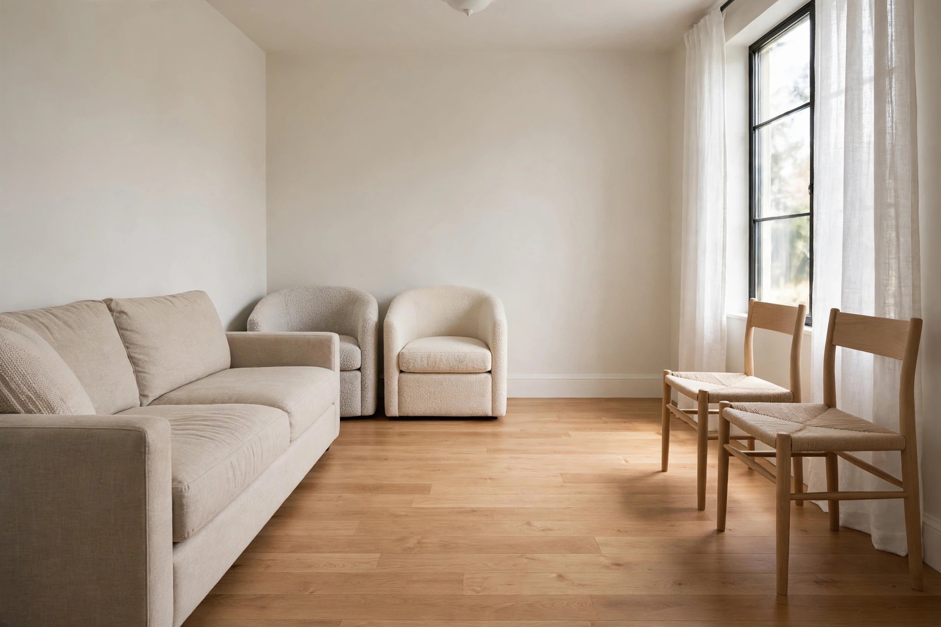 Small living room with a sofa and chairs pushed to the walls around an empty centre floor