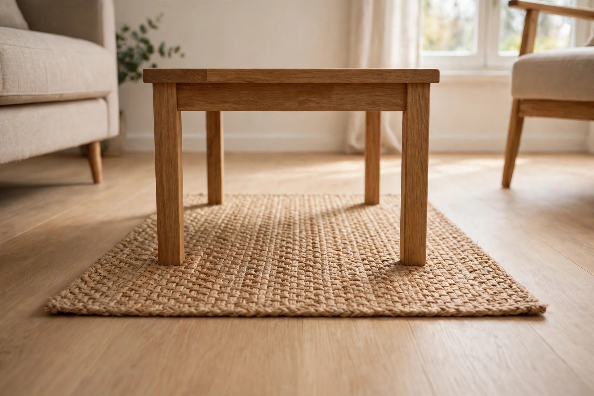 Small woven rug lying flat under only a wooden coffee table, with the sofa and chair legs on bare floor